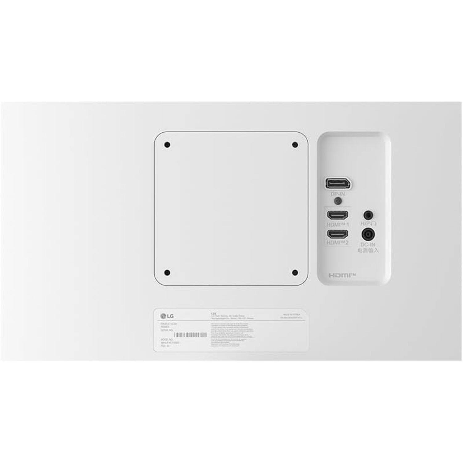 Close-up of the back of an LG monitor, showing ports and labels on a white surface.