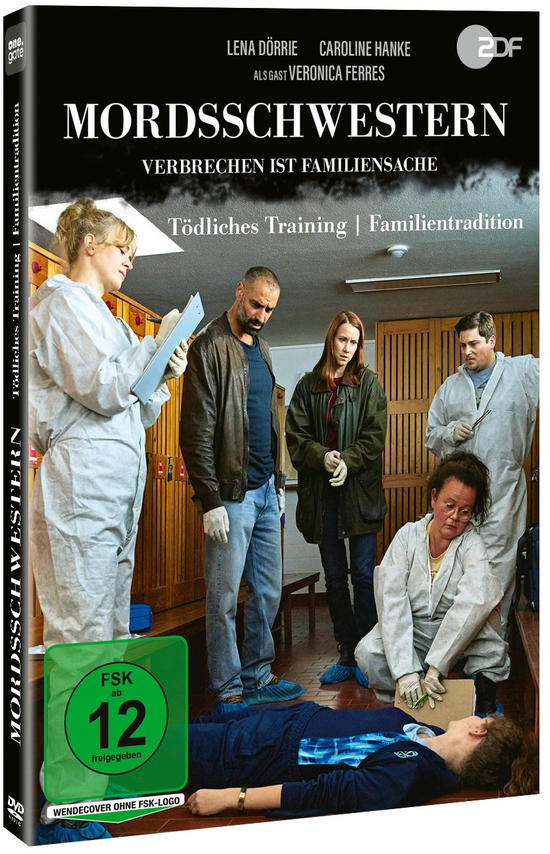 Eine Gruppe von Leuten, einige in weißen Anzügen, steht in der Nähe einer Leiche. Die DVD-Hülle ist im Vordergrund.