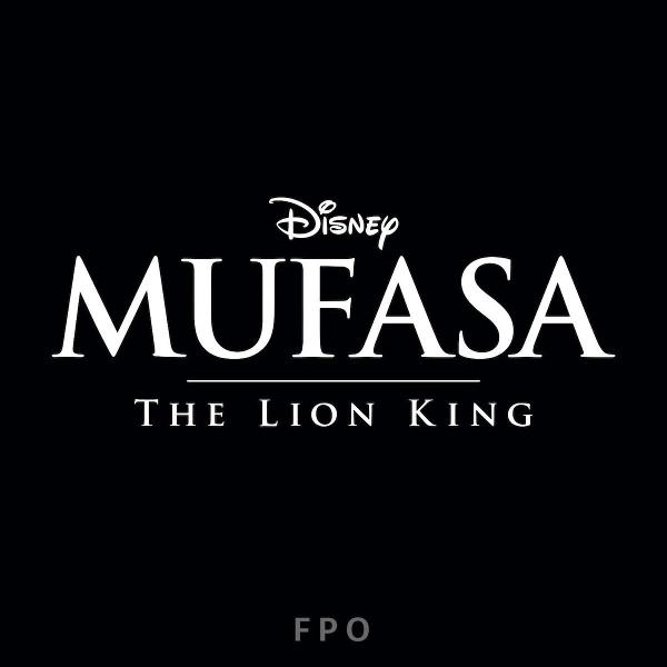 Schwarzer Hintergrund mit weißem Disney-Logo und Titel: MUFASA, THE LION KING.