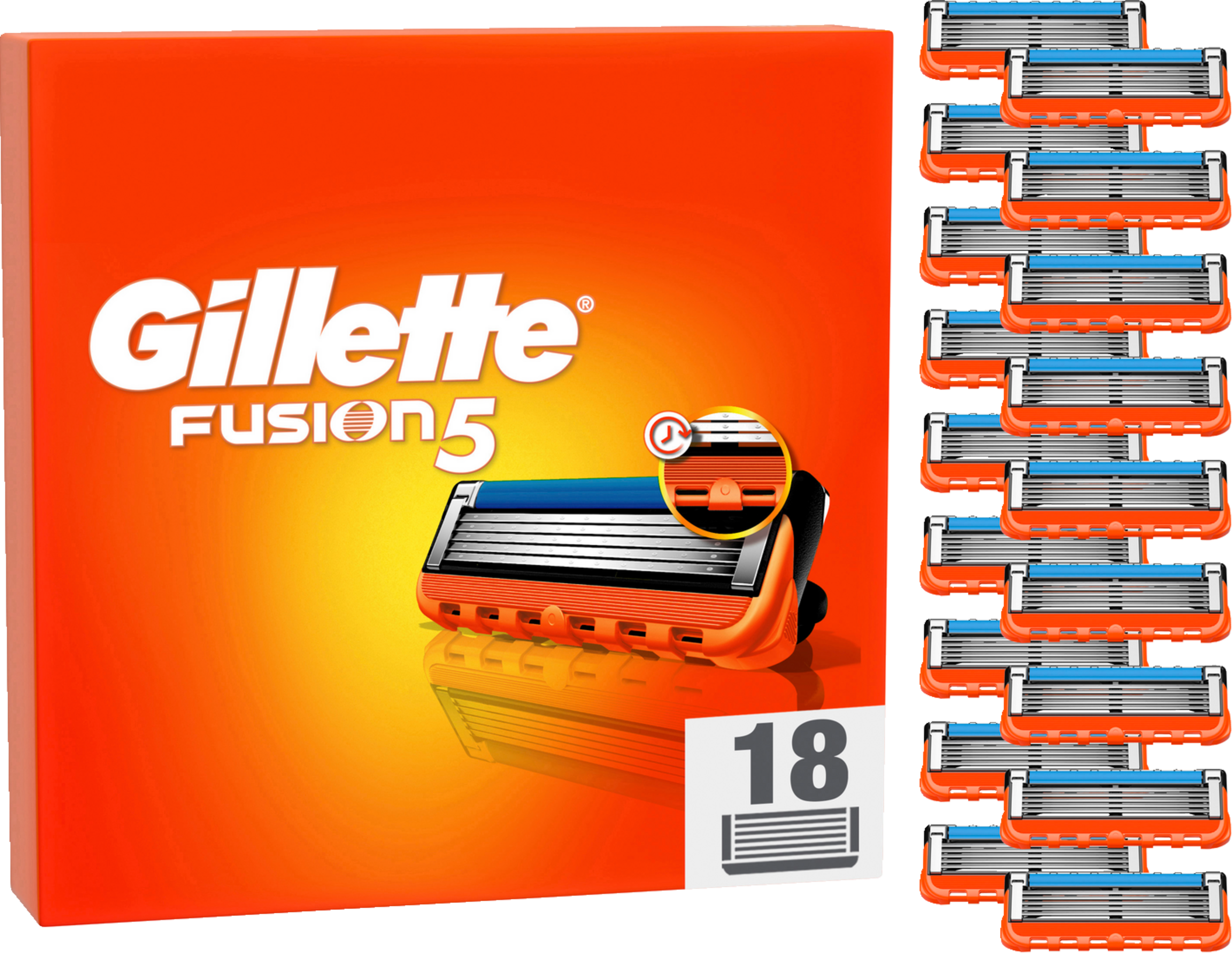 Gillette Fusion5 Rasierklingen in einer orangefarbenen Box. 18 Klingen sind sichtbar.