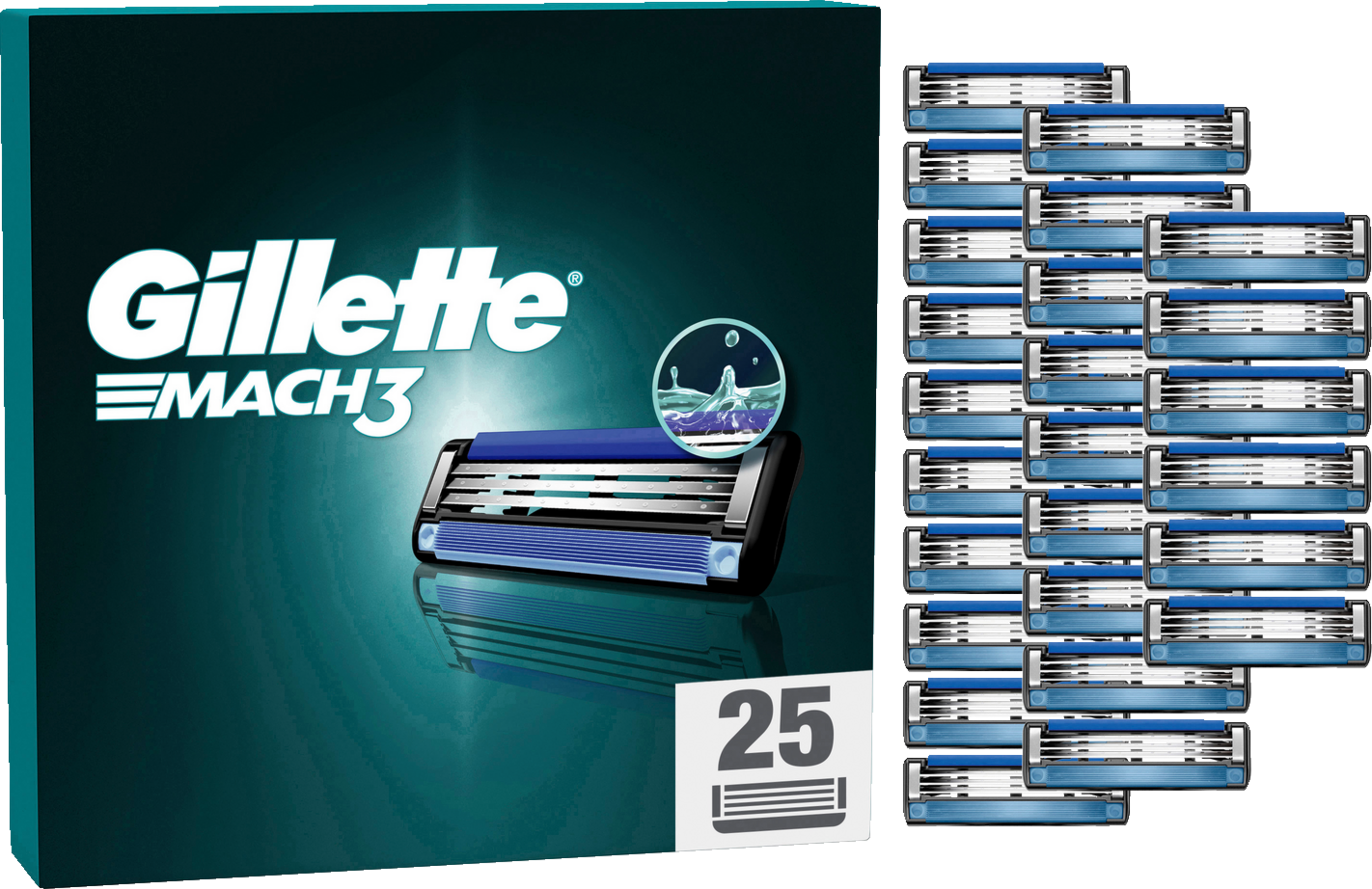 Gillette Mach3 Rasierklingenbox mit einem Stapel Ersatzklingen daneben.