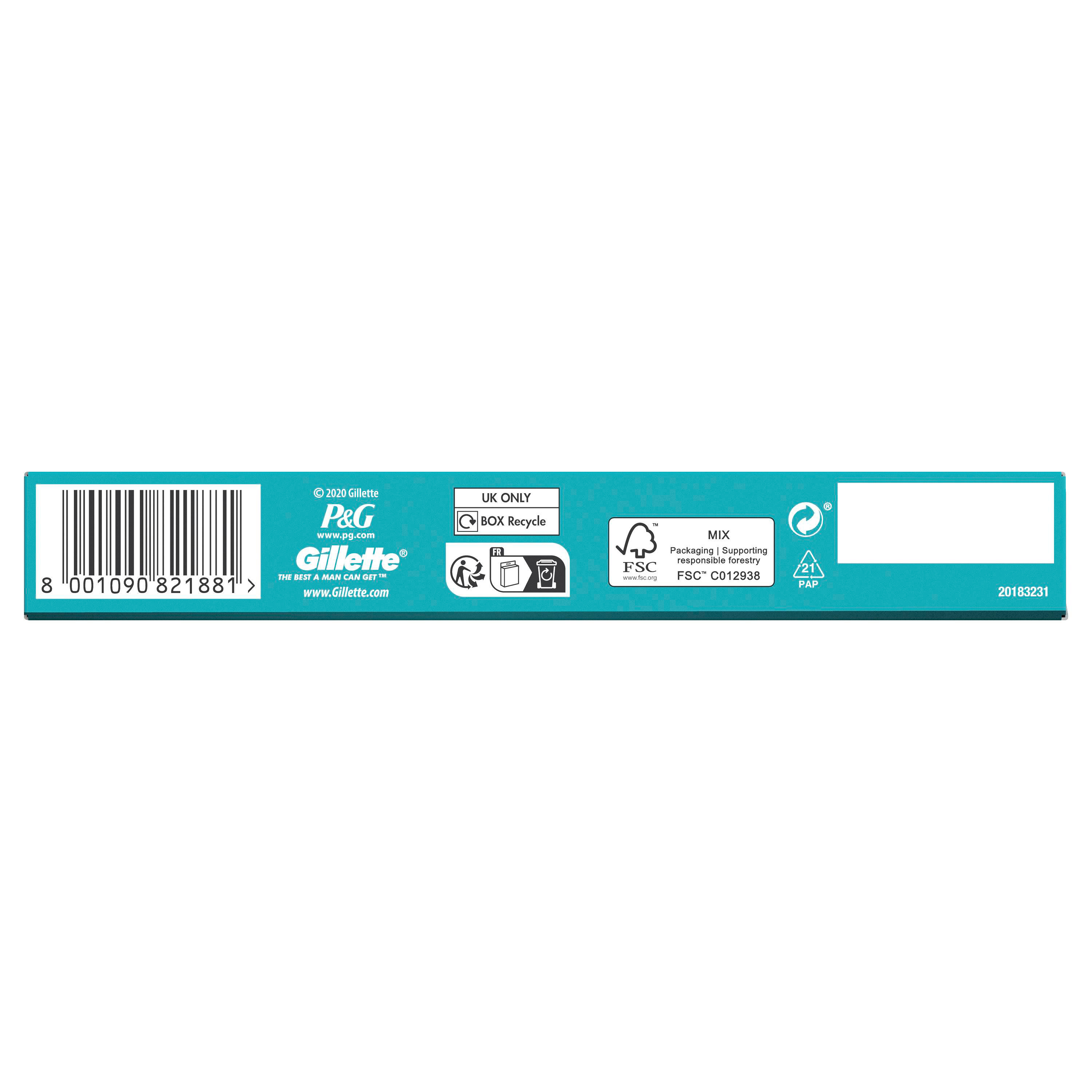 Gillette-Rasierklingenbox mit Text und Symbolen auf weißem Hintergrund.