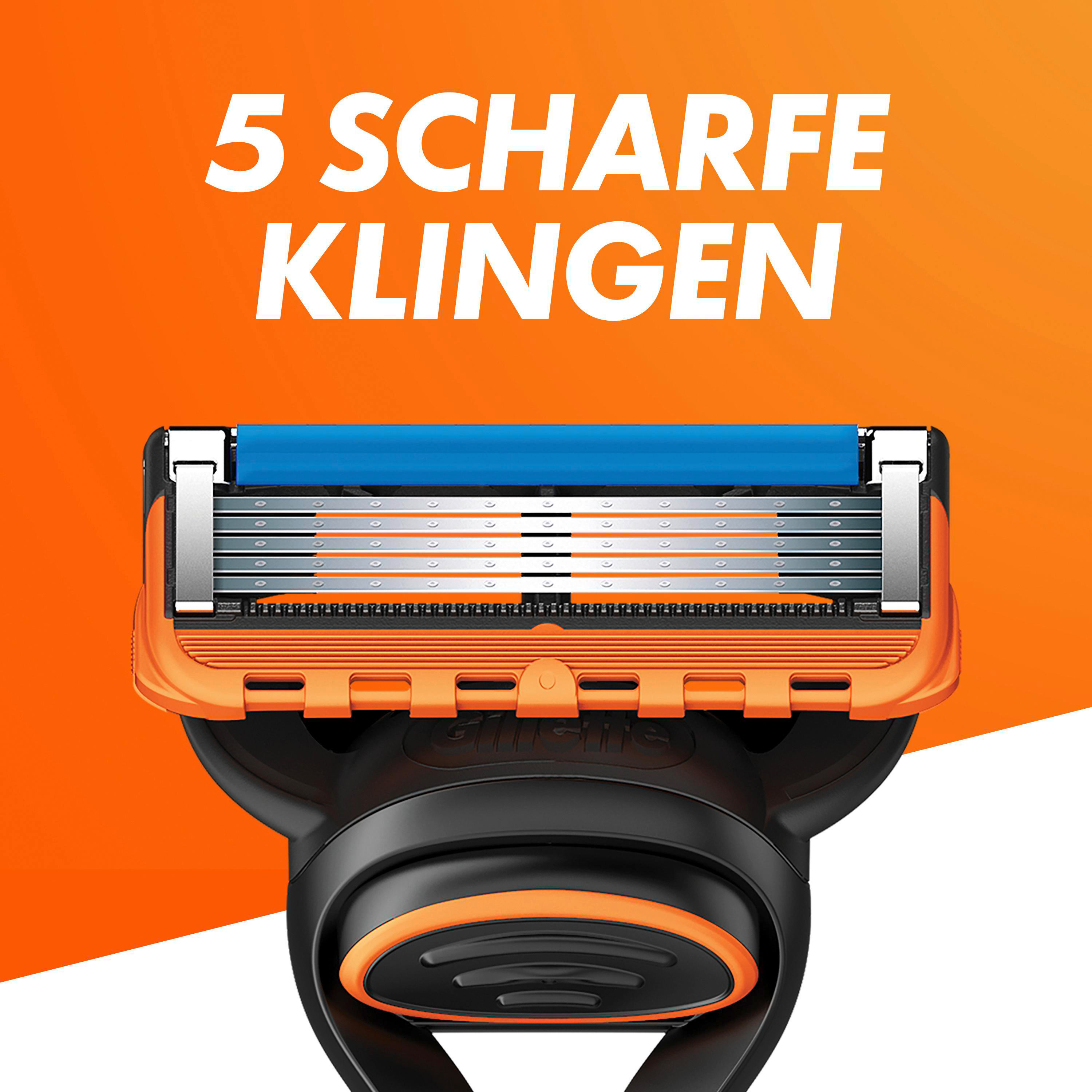 Nahaufnahme eines Rasiererkopfes mit Text: 5 SCHARFE KLINGEN.