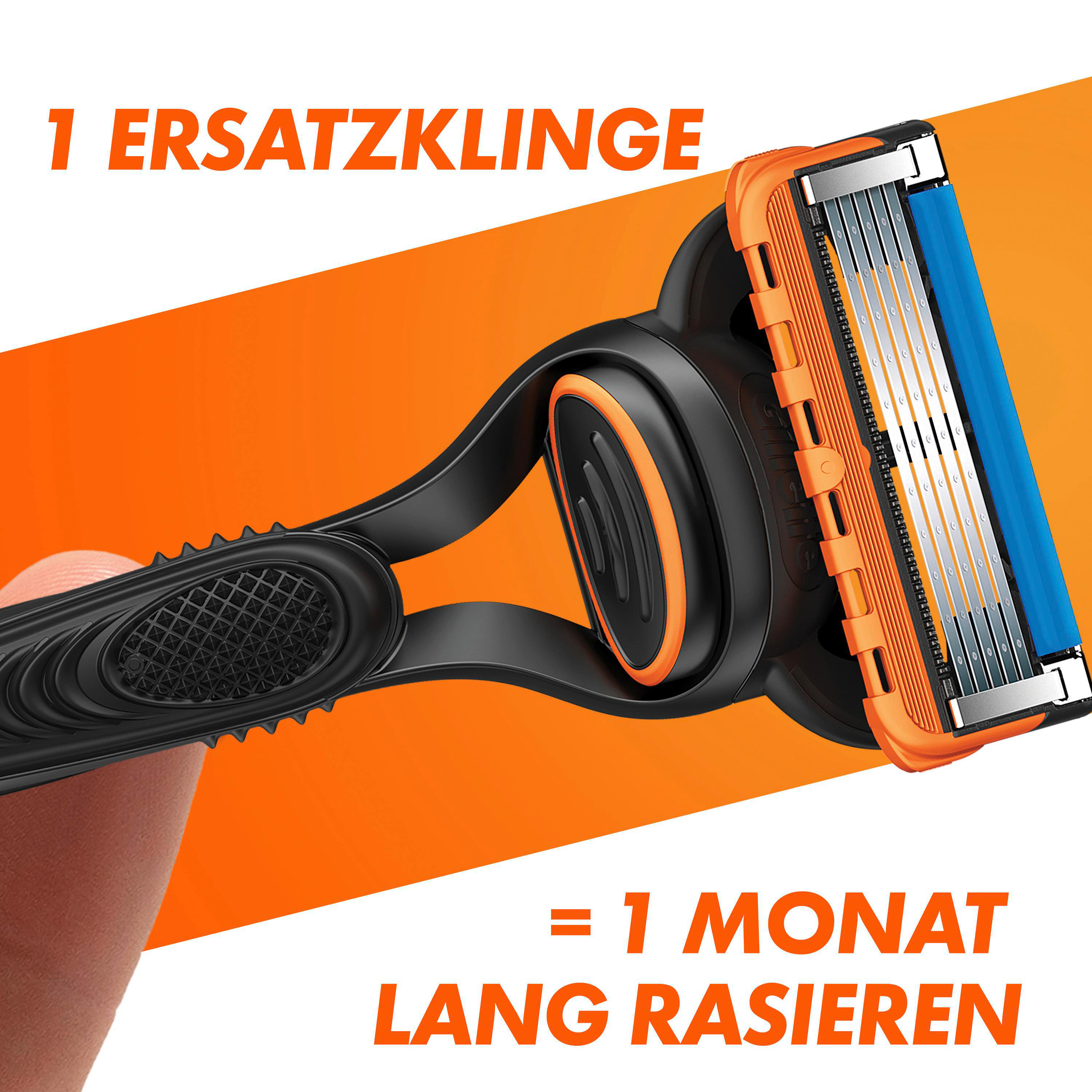 Ein Rasierer mit den Worten '1 Ersatzklinge = 1 Monat Lang Rasieren'.
