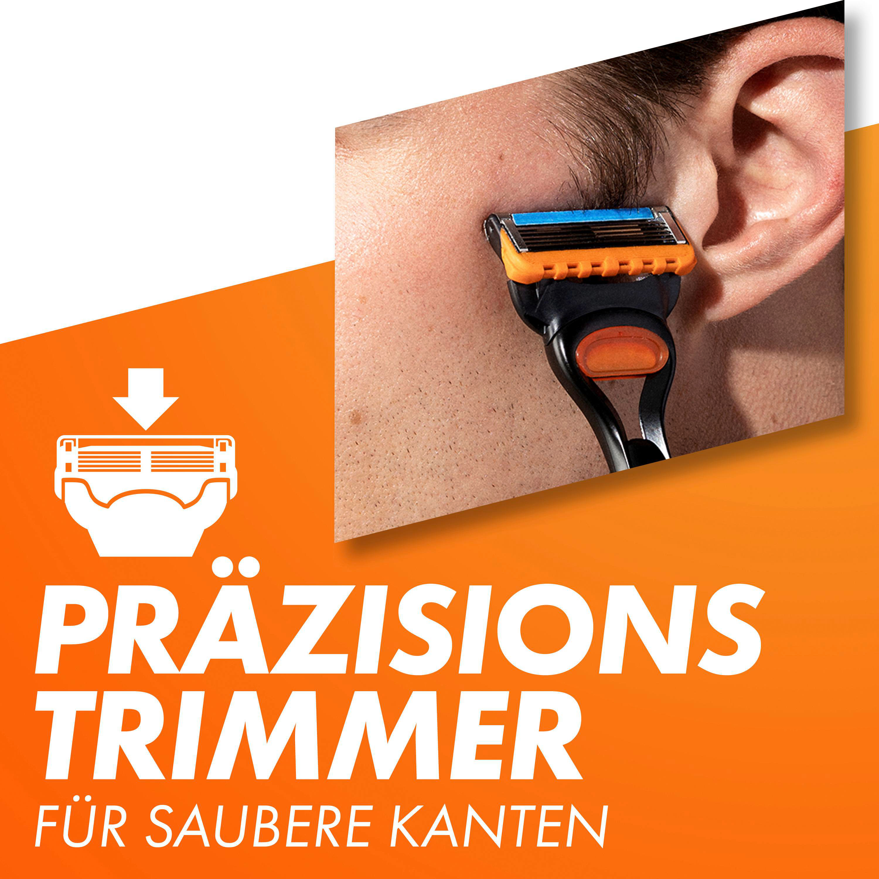 Eine Nahaufnahme eines schwarz-orangen Rasierers ist auf orangefarbenem Hintergrund isoliert.