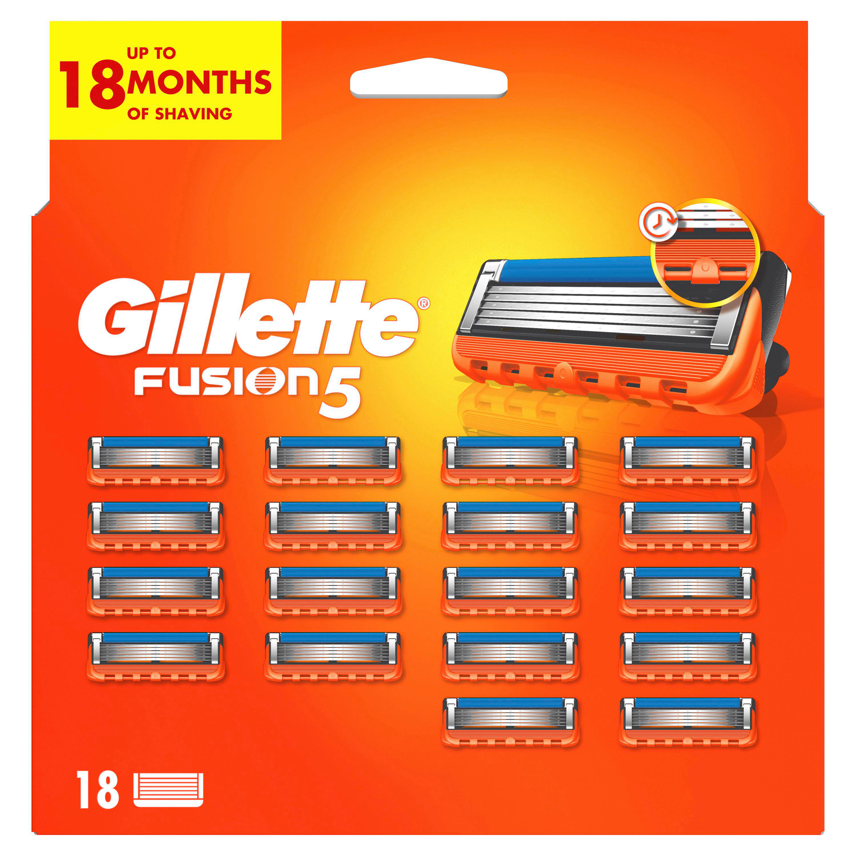 Gillette Fusion5 Rasierklingen-Packung. Die Packung zeigt 18 Rasierklingen in Orange und Blau.