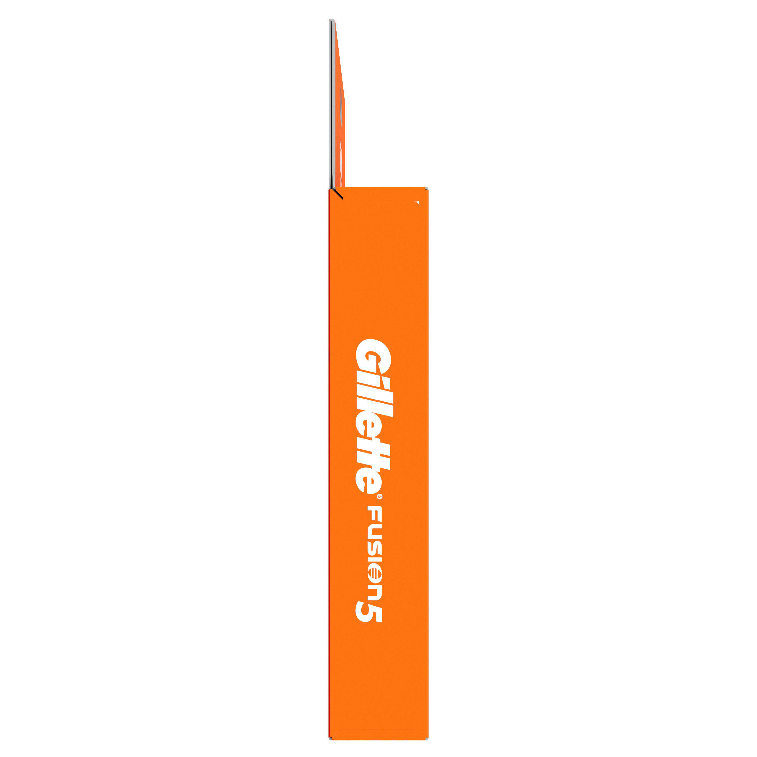 Seitenansicht einer orangefarbenen Gillette Fusion5 Rasierklingenpackung, der Markenname sichtbar.