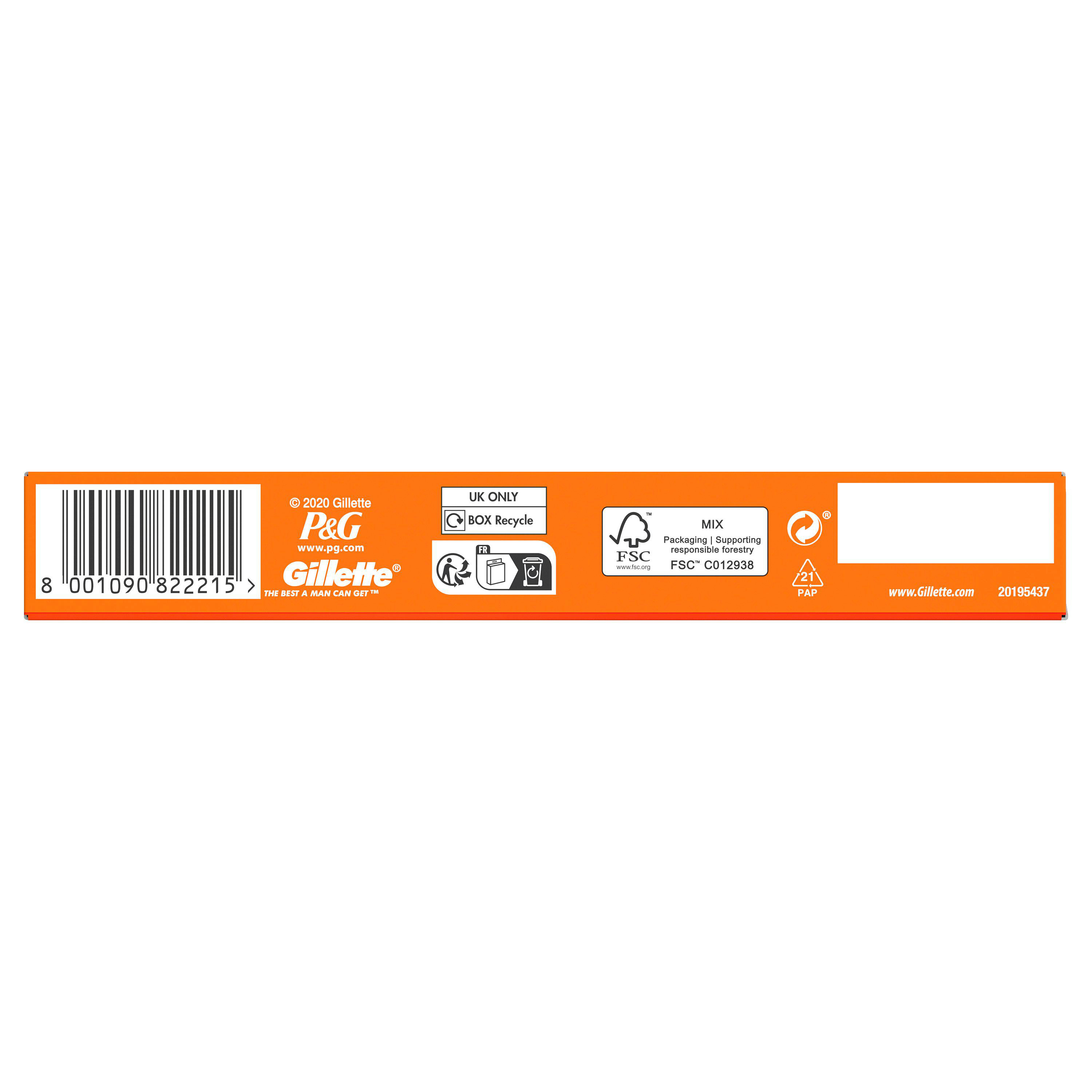 Rückseite einer orangefarbenen Gillette Fusion5 Rasierklingenpackung mit Barcode und Markeninformationen.
