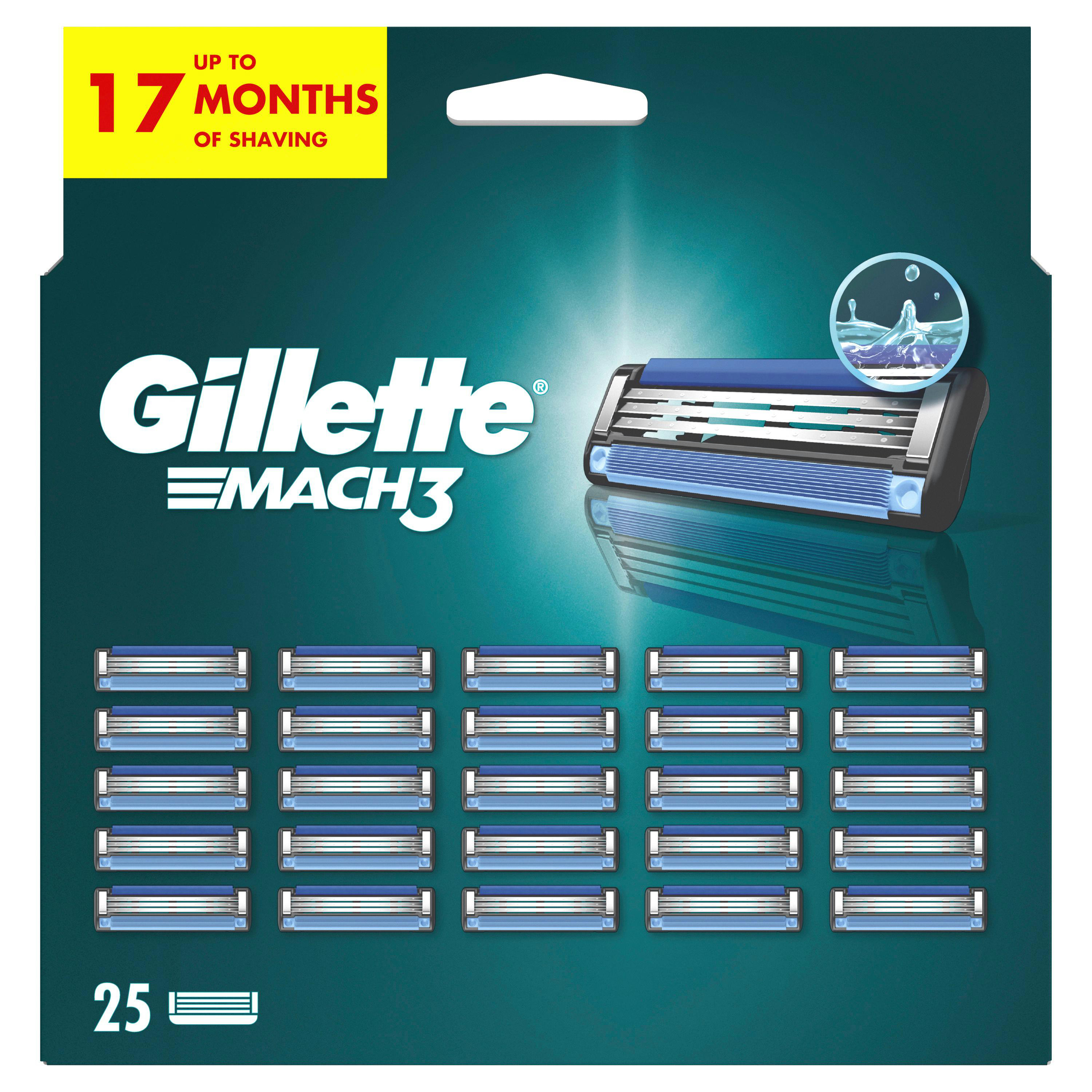 Gillette MACH3 Rasierklingenpackung. Die Packung zeigt 25 Rasierklingen in Blau und Silber.