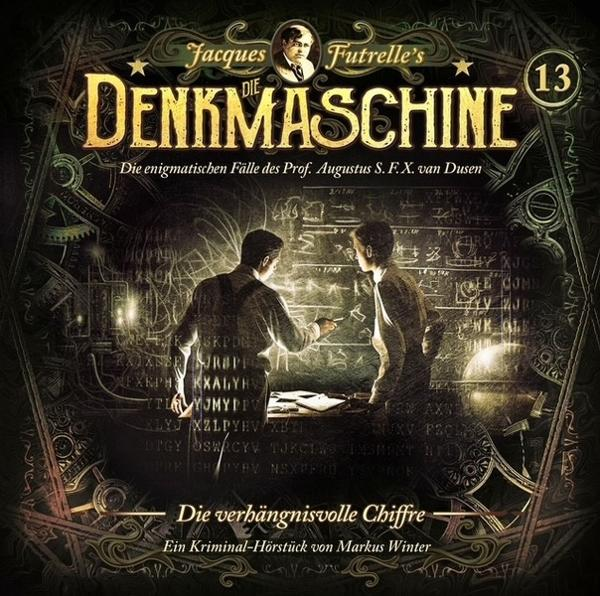 Buchcover mit zwei Männern, einer zeigt auf eine Zeichnung. Text auf Deutsch, Titel: Denkmaschine.