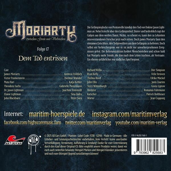 Ein Buchcover mit dem Titel 'Moriarty', mit Text auf Deutsch und einem Barcode.