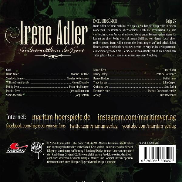 Irene Adler Buchcover mit Text, Vintage-Design und Zeichnung.