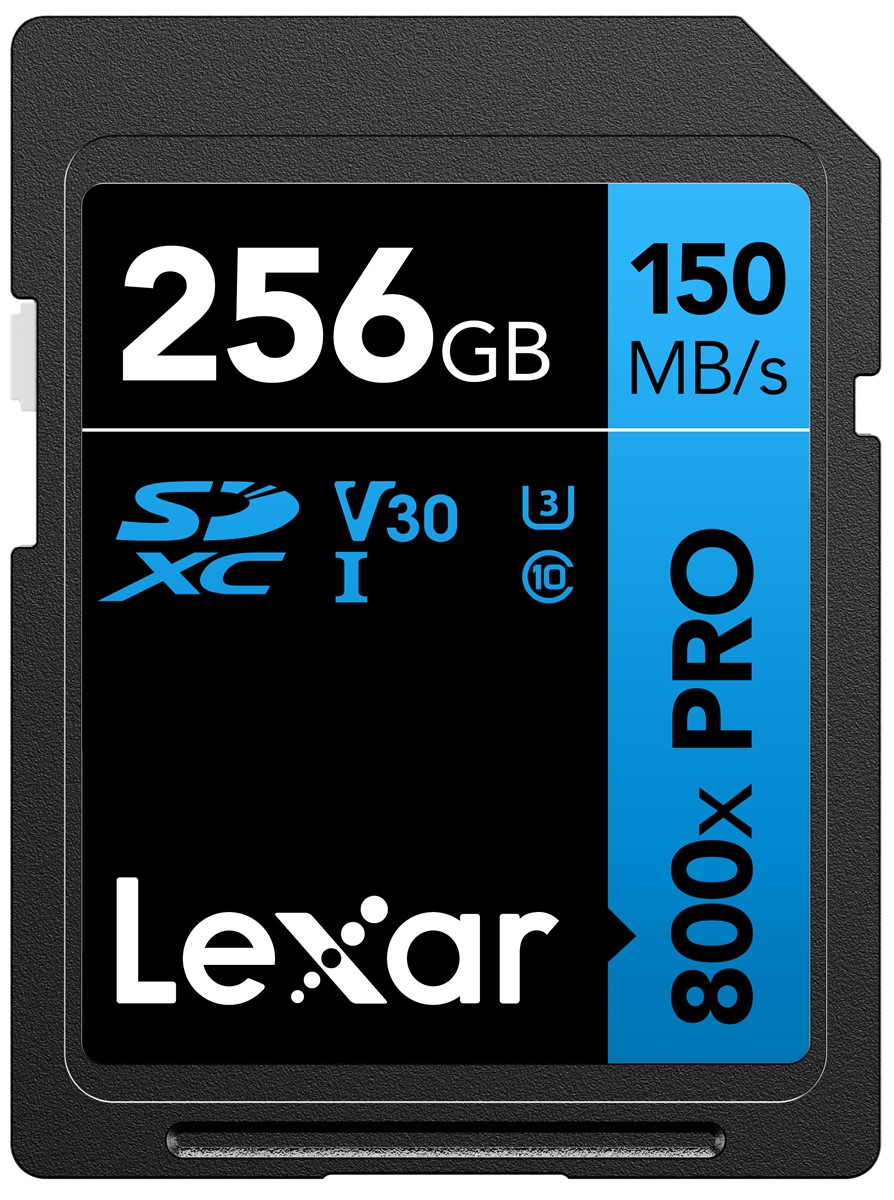 Siyah ve mavi bir Lexar 256GB 800x PRO SDXC hafıza kartı.
