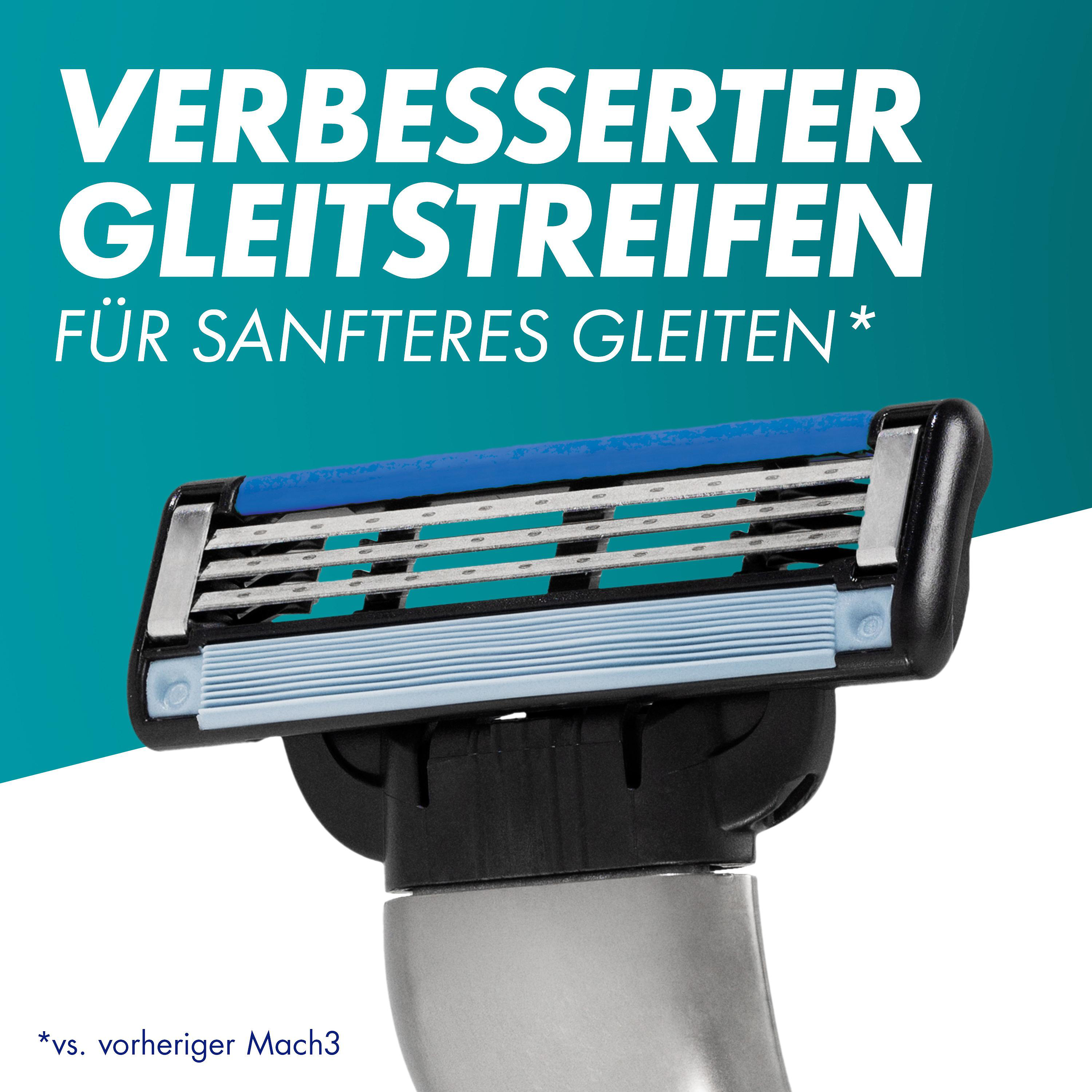 Rasierklinge mit blauen und silbernen Teilen; Text auf Deutsch.