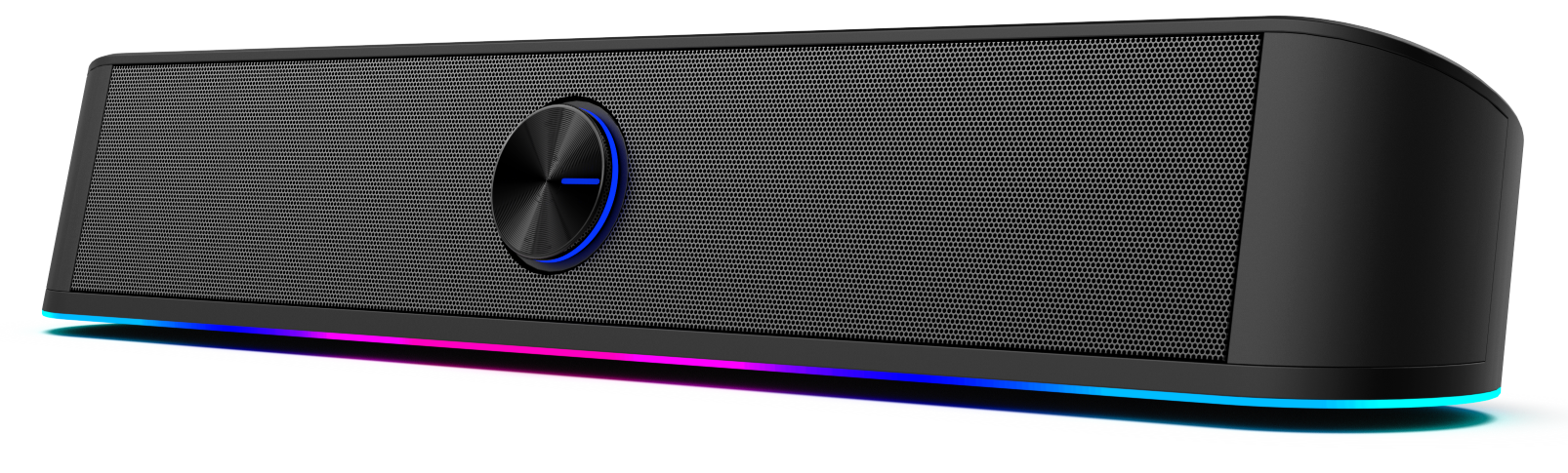 Czarny soundbar z okrągłym sterowaniem i niebieskim światłem. Siatkowy przód z świecącą, wielokolorową podstawą.