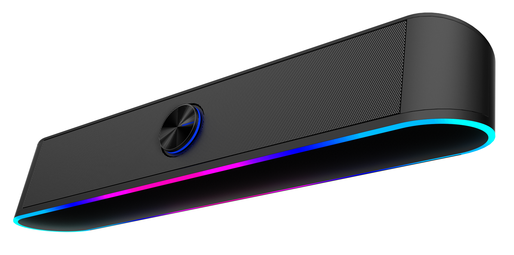 Czarny głośnik z wielokolorowym paskiem LED wzdłuż dolnej krawędzi.