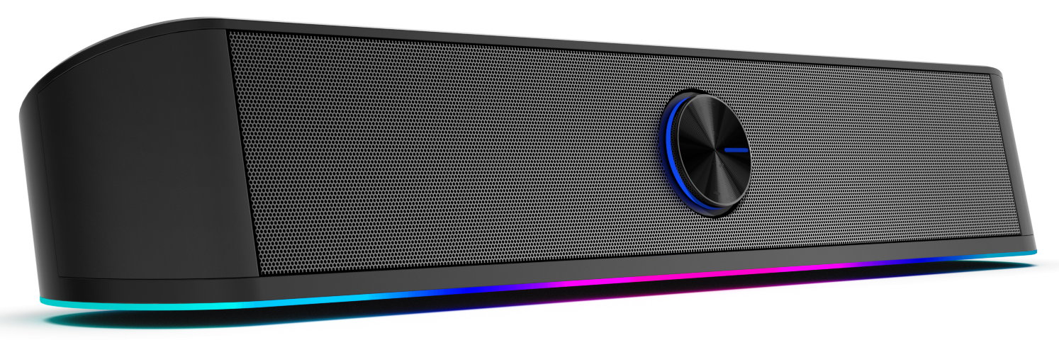 Czarny soundbar z pokrętłem i podświetleniem.