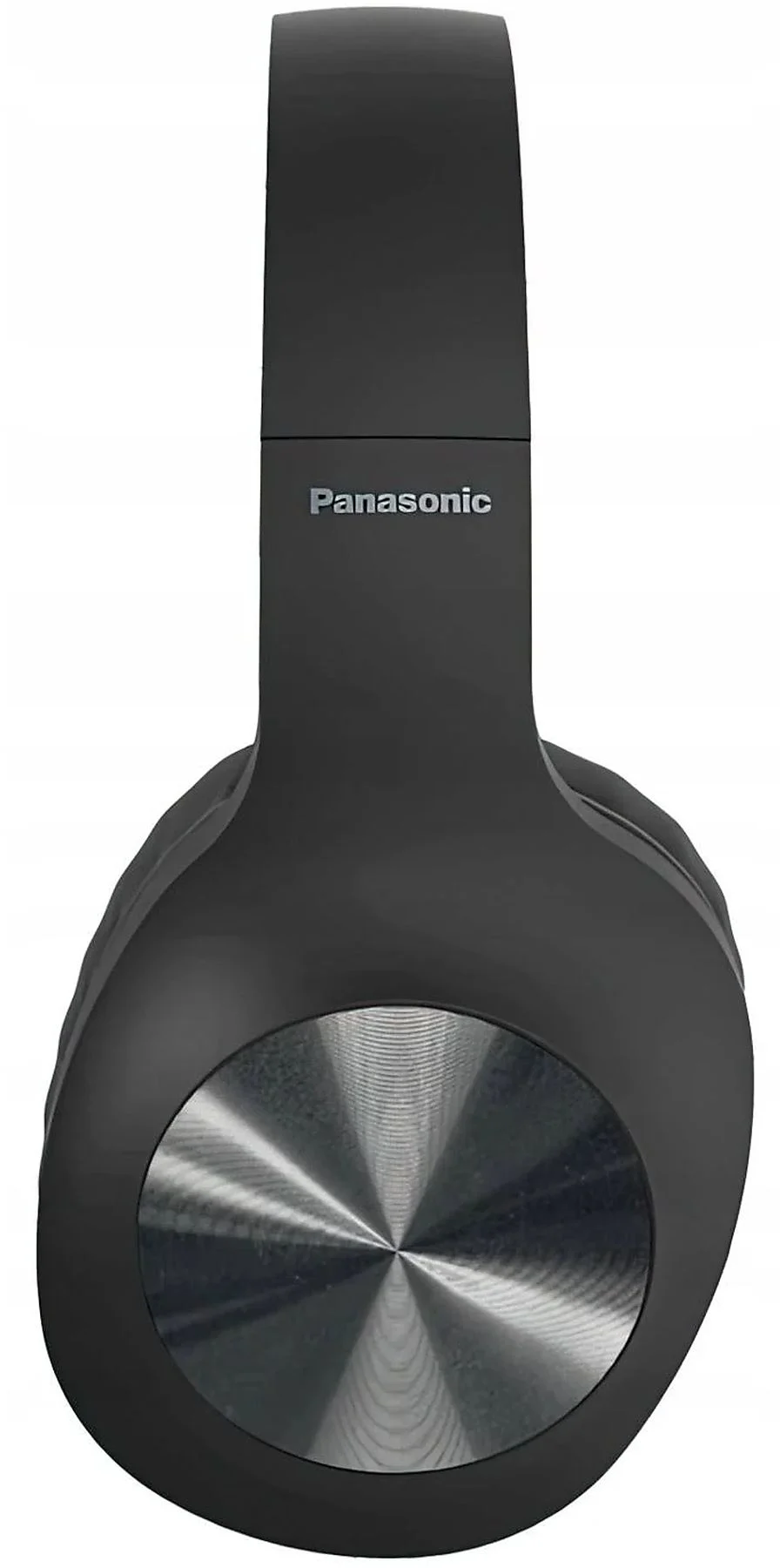 Fekete Panasonic fejhallgató, elölnézet, fehér háttéren, ezüst részletekkel.