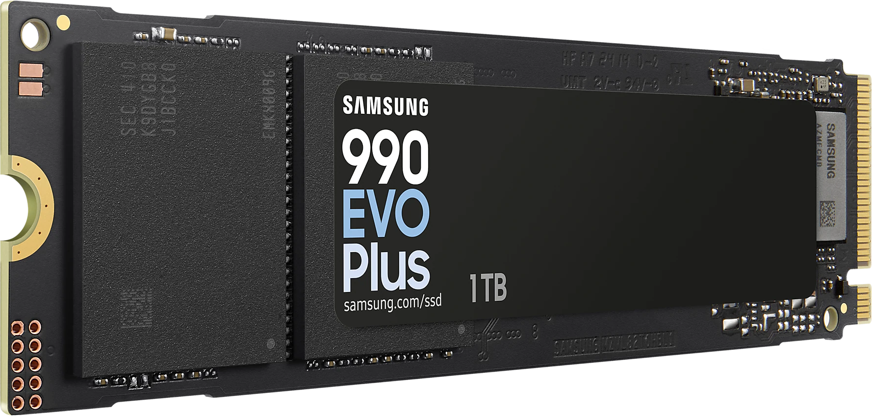 Fekete Samsung 990 EVO Plus SSD logóval és 1TB felirattal, fekete háttéren.