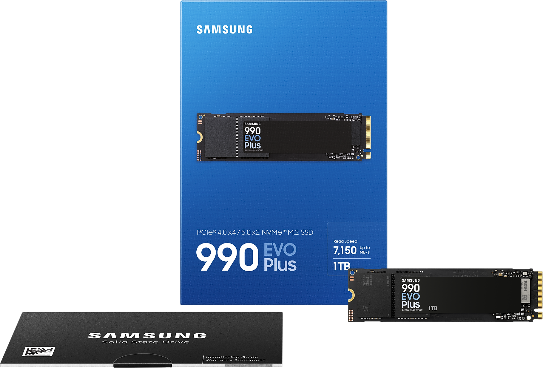 Kék doboz fekete Samsung 990 EVO Plus SSD-vel. Kisebb SSD és garancia nyilatkozat is látható.