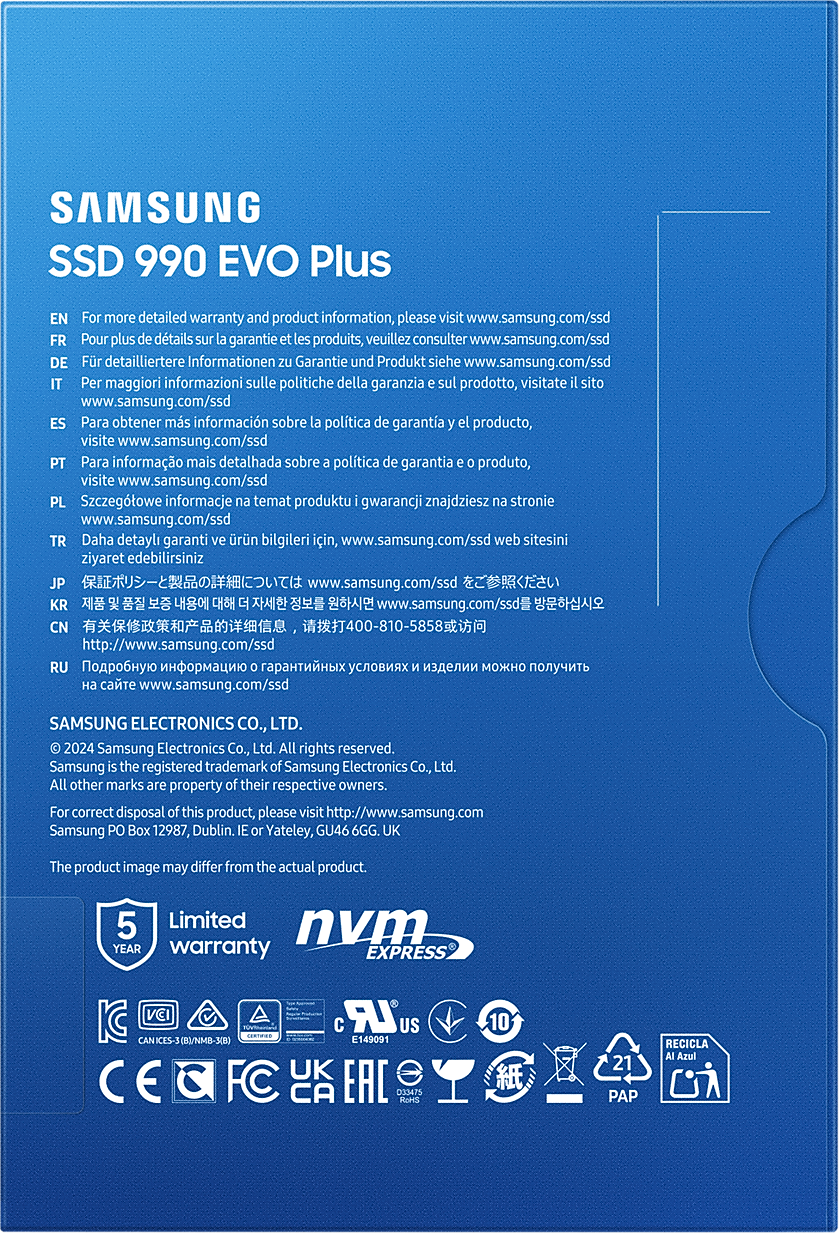 Kék doboz hátulja 'Samsung SSD 990 EVO Plus' felirattal, logókkal és tanúsítványokkal.