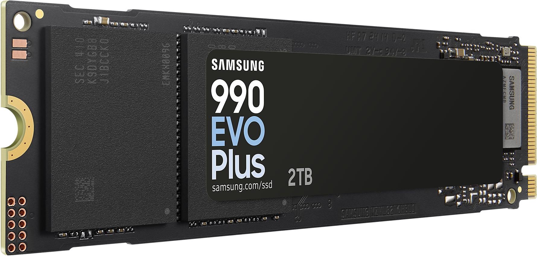 Samsung 990 EVO Plus 2TB SSD fehér felületen.