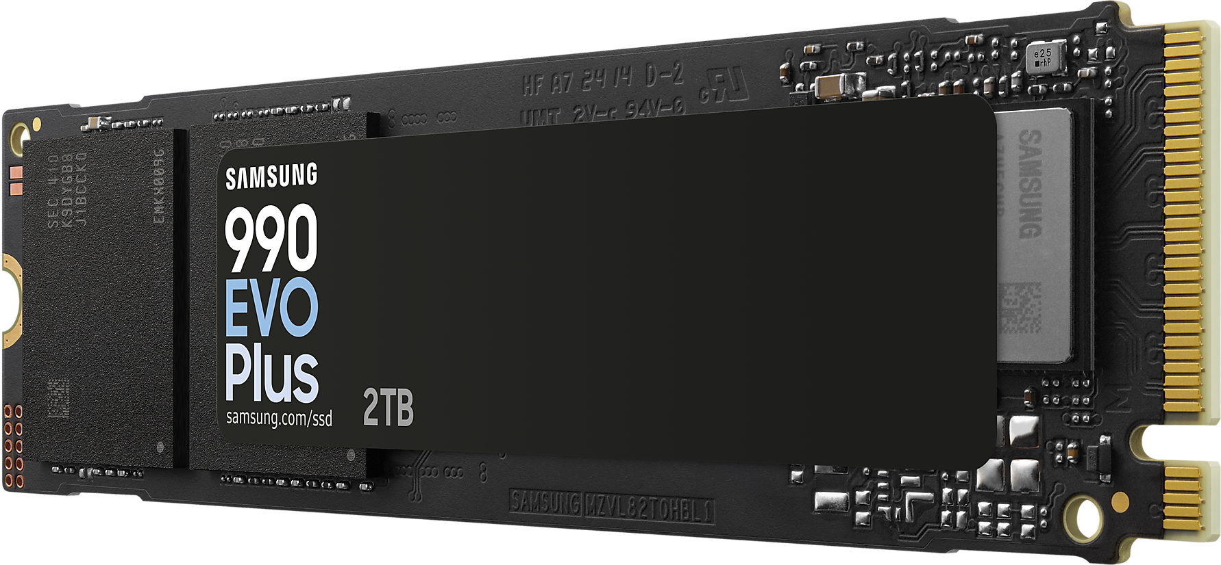 Fekete Samsung 990 EVO Plus SSD 2TB felirattal, arany csatlakozókkal a végén.