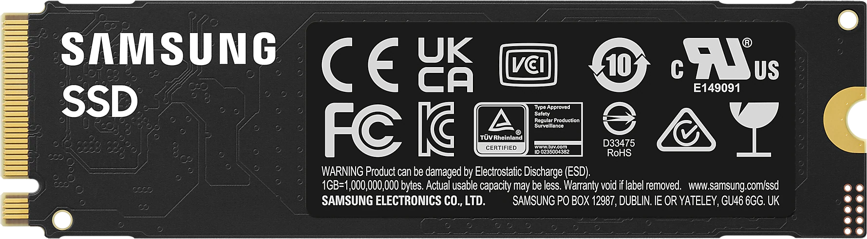Samsung SSD logókkal és figyelmeztetésekkel.