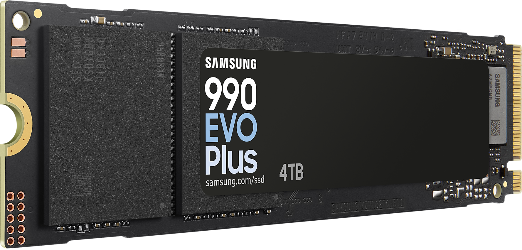 Fekete Samsung 990 EVO Plus SSD 4TB felirattal, arany csatlakozókkal a végén.