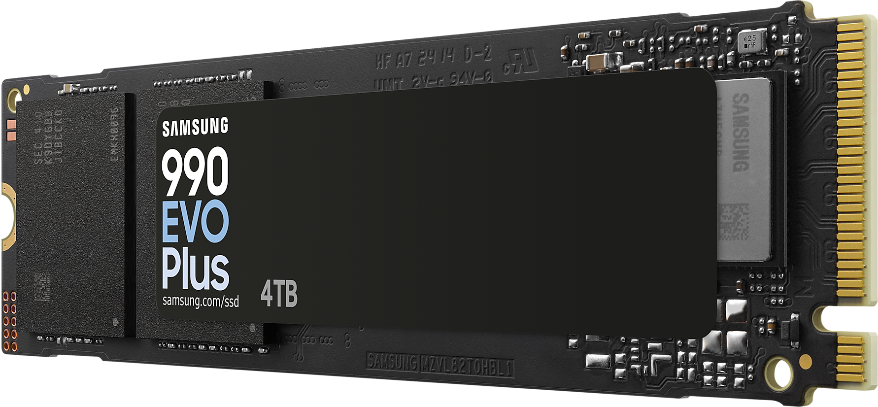 Fekete Samsung 990 EVO Plus SSD 4TB felirattal, arany csatlakozókkal a végén.