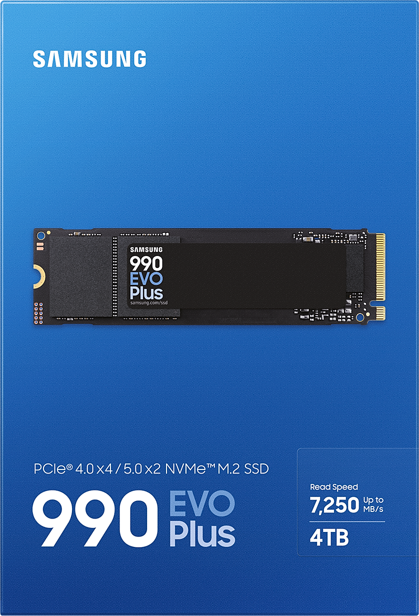 Kék doboz Samsung 990 EVO Plus SSD-vel, részletekkel és olvasási sebesség címkével.