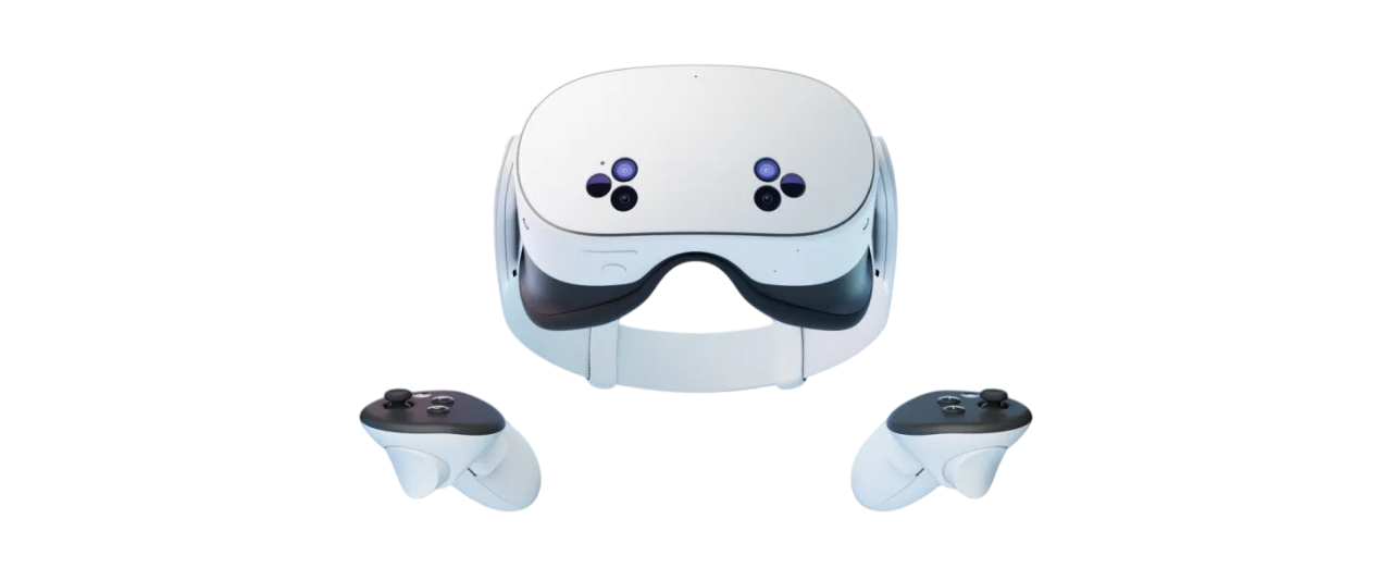 Beyaz VR başlığı ve kontrolcüler. Başlık siyah vizöre ve mor noktalara sahip. Kontrolcüler siyah.