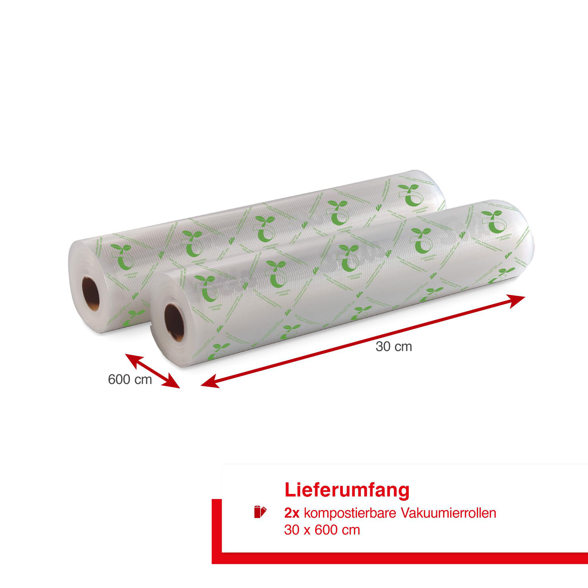 Zwei Vakuumrollen, 30 cm breit mit Pfeilen und Text.
