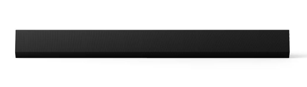Beyaz bir yüzeyde siyah soundbar. Uzun, dikdörtgen şekil.
