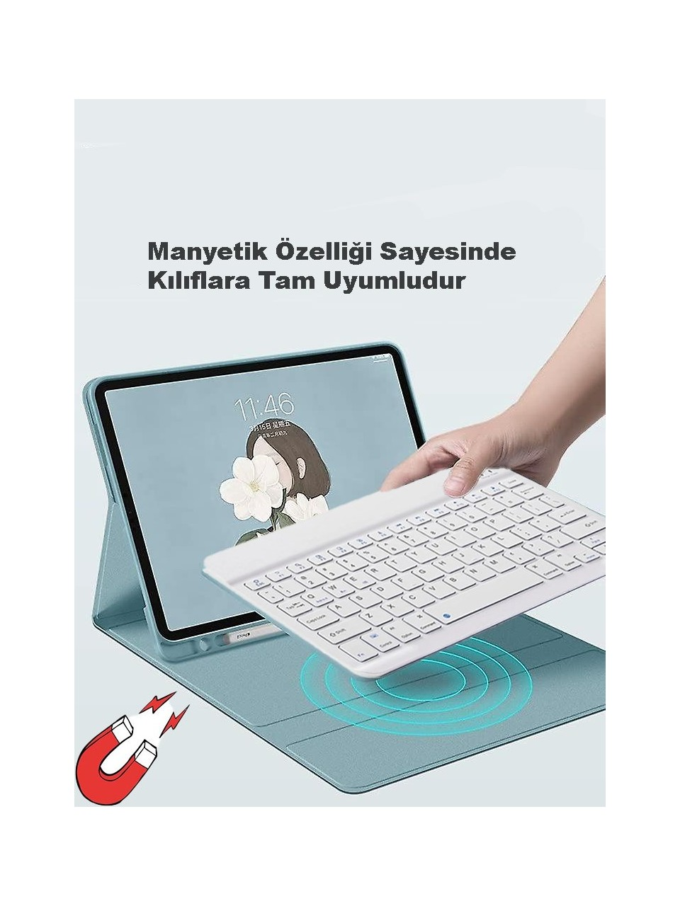 Beyaz bir klavye, mavi bir kılıfın üzerindeki bir tablete manyetik olarak tutturulur.
