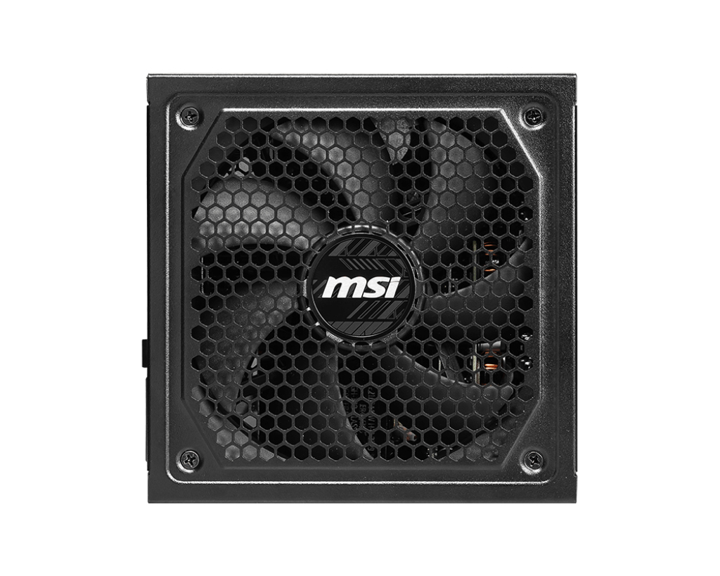 Bir fan ızgarası ve MSI logosu olan siyah bir güç kaynağı.