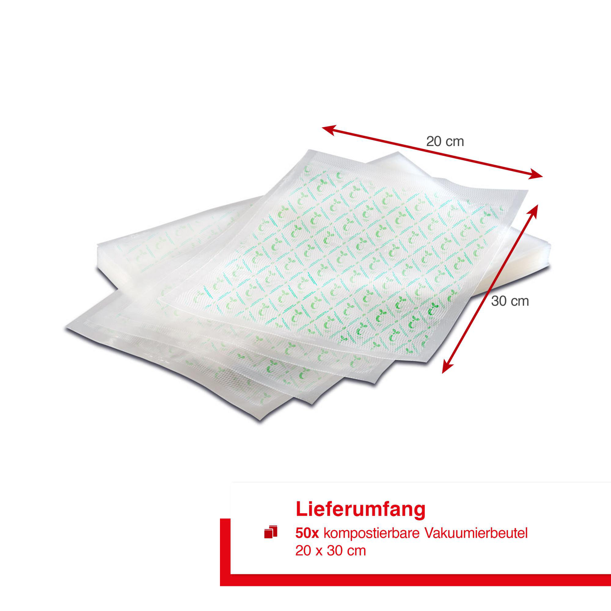 Ein Stapel kompostierbarer Vakuumbeutel mit den Abmessungen 20x30cm.
