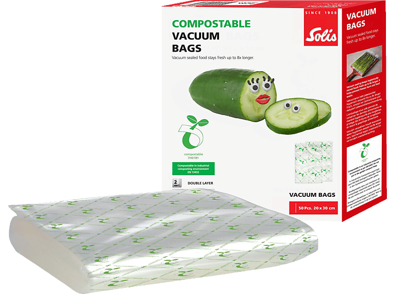 SOLIS 50 Stück, 20 x 30 cm Vakuumierbeutel Transparent Kompostierbares Material