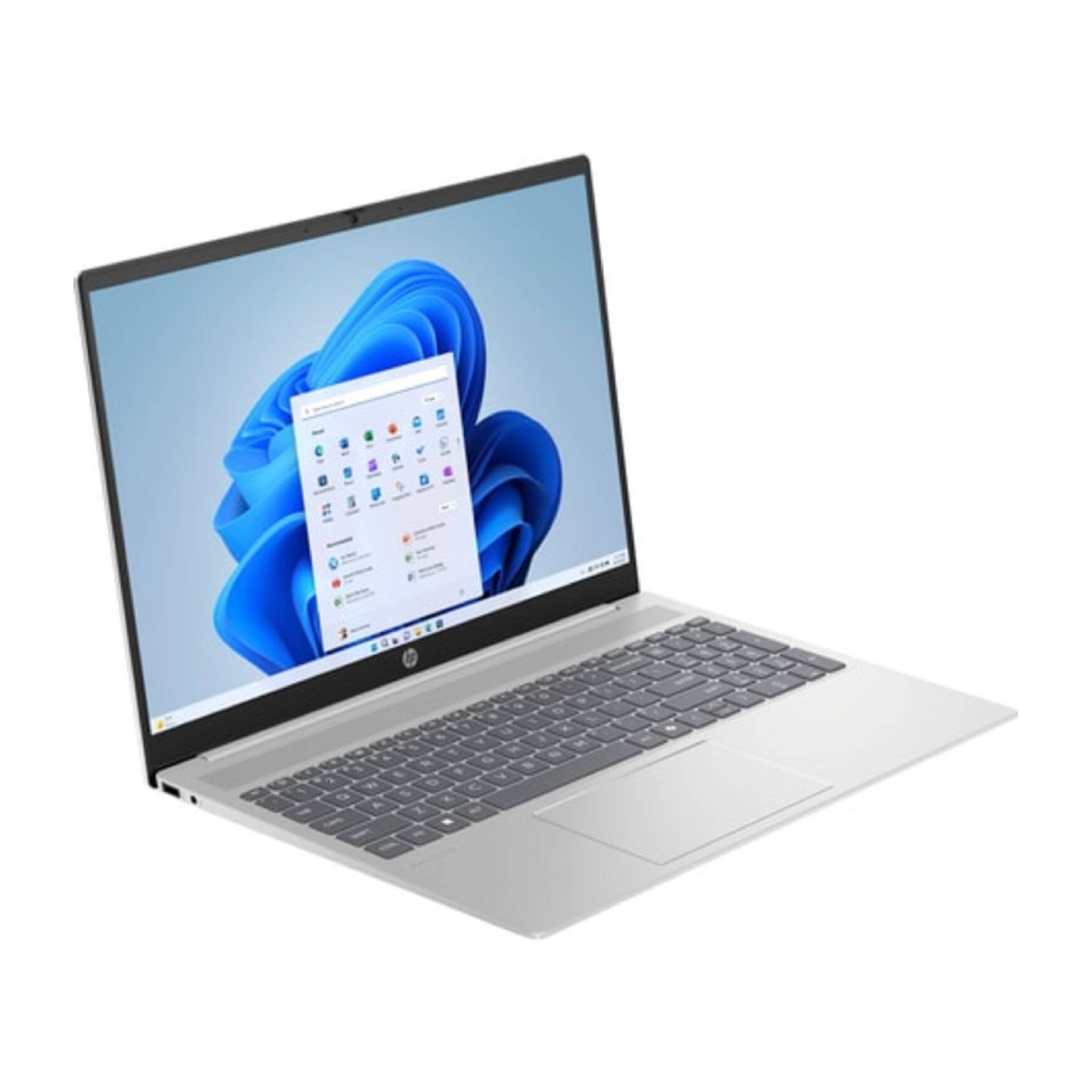 Silver laptop with open screen showing Windows interface.