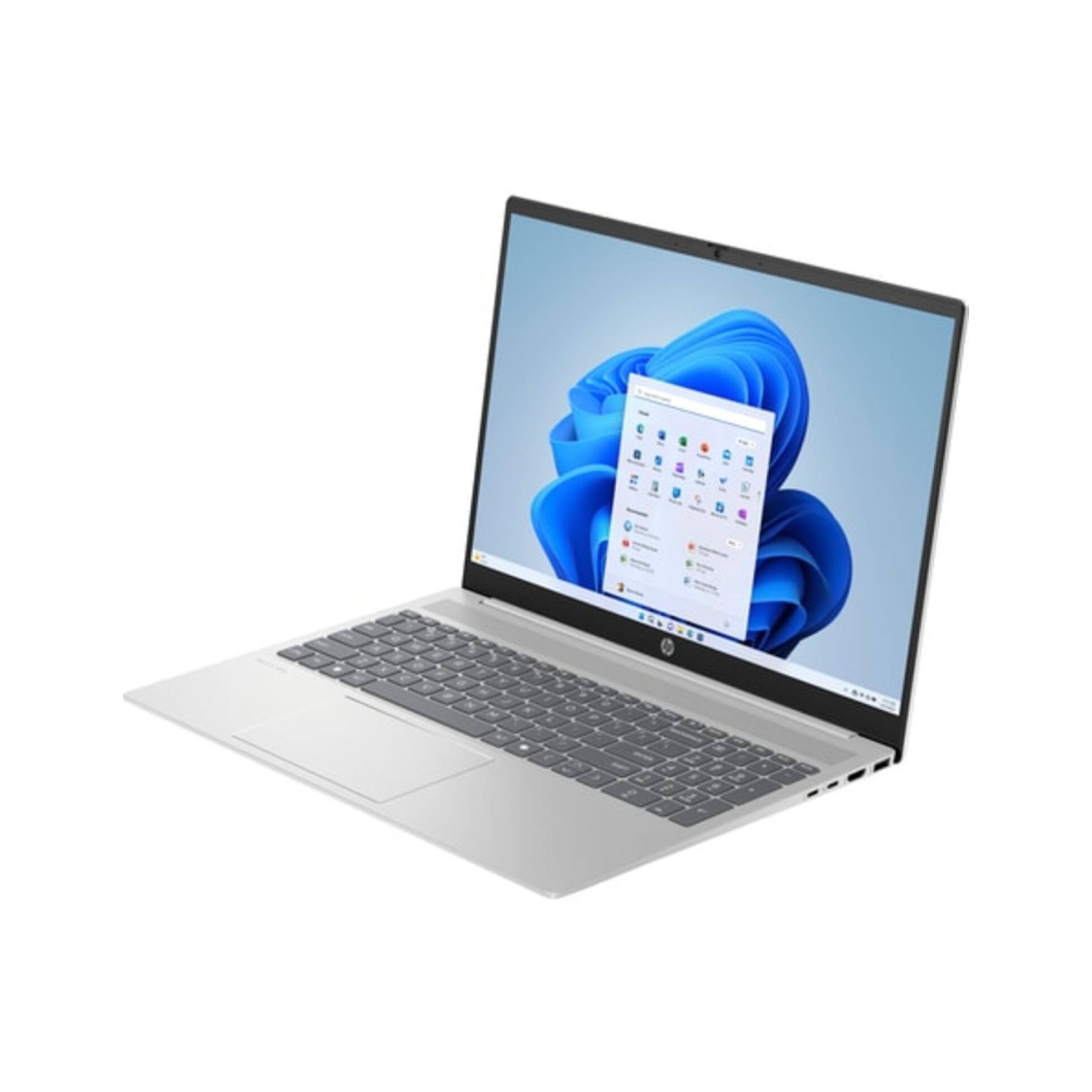 Silver laptop with open screen showing Windows interface, angled view.