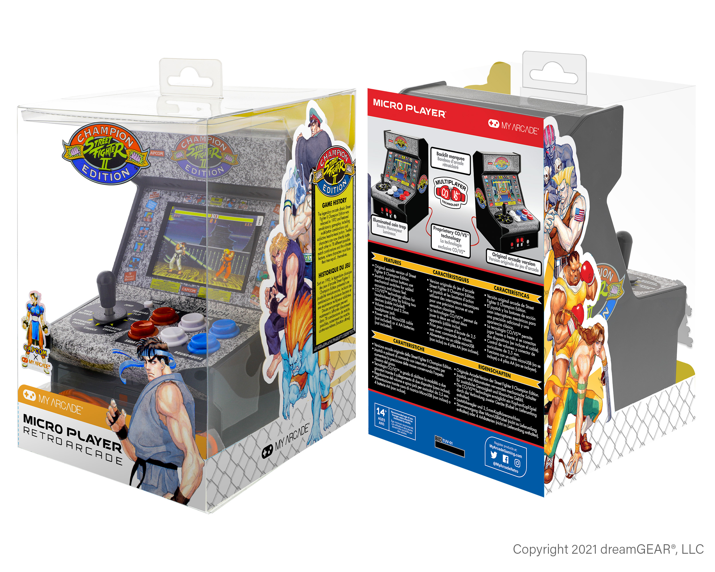Ambalajdaki mini atari oyun konsolu. Ekranlar ve kutu sanatı. Ambalajdaki karakter figürleri.
