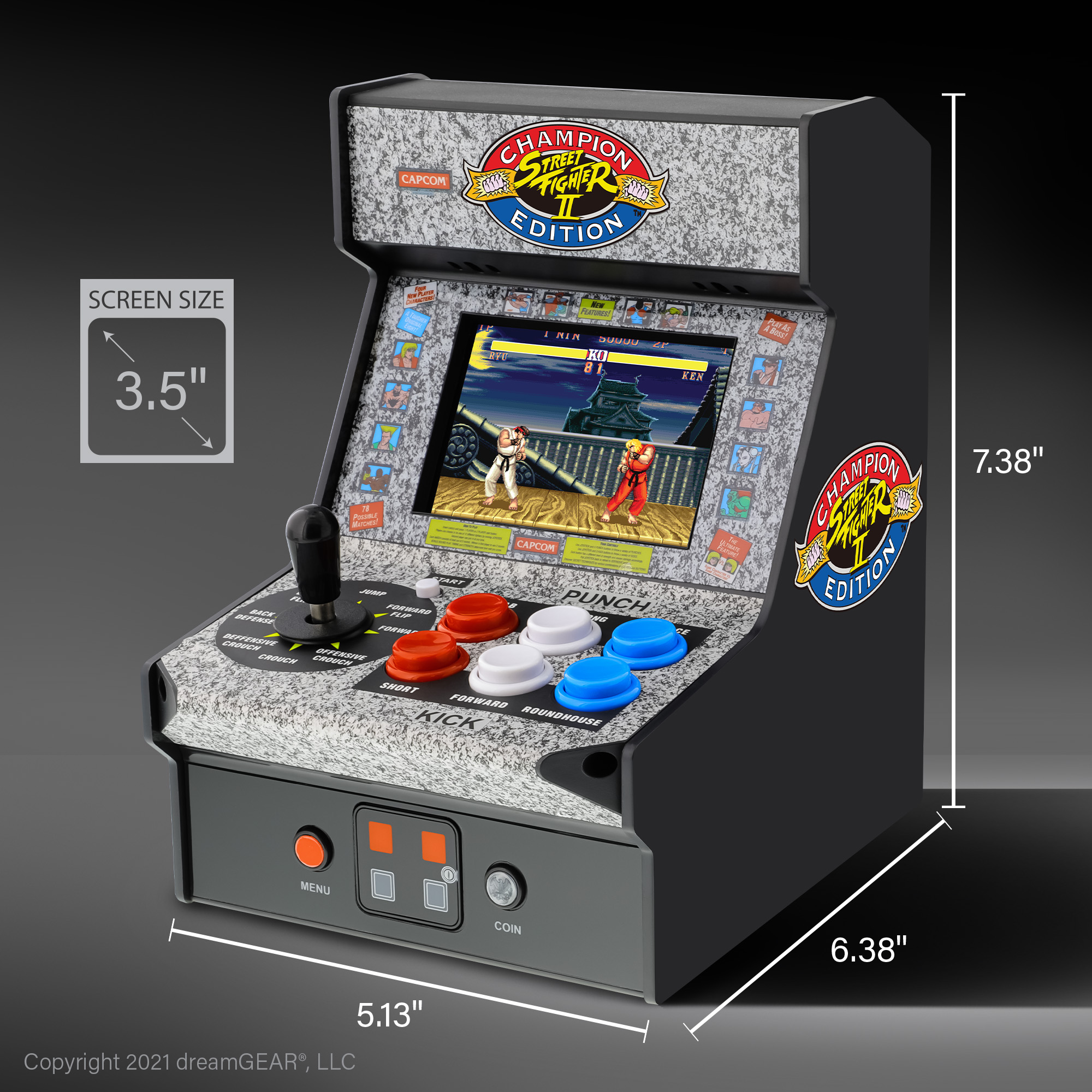 Mini atari oyun konsolu. Ekran oyun oynanışını gösteriyor. Konsolun ölçüleri görülebilir.