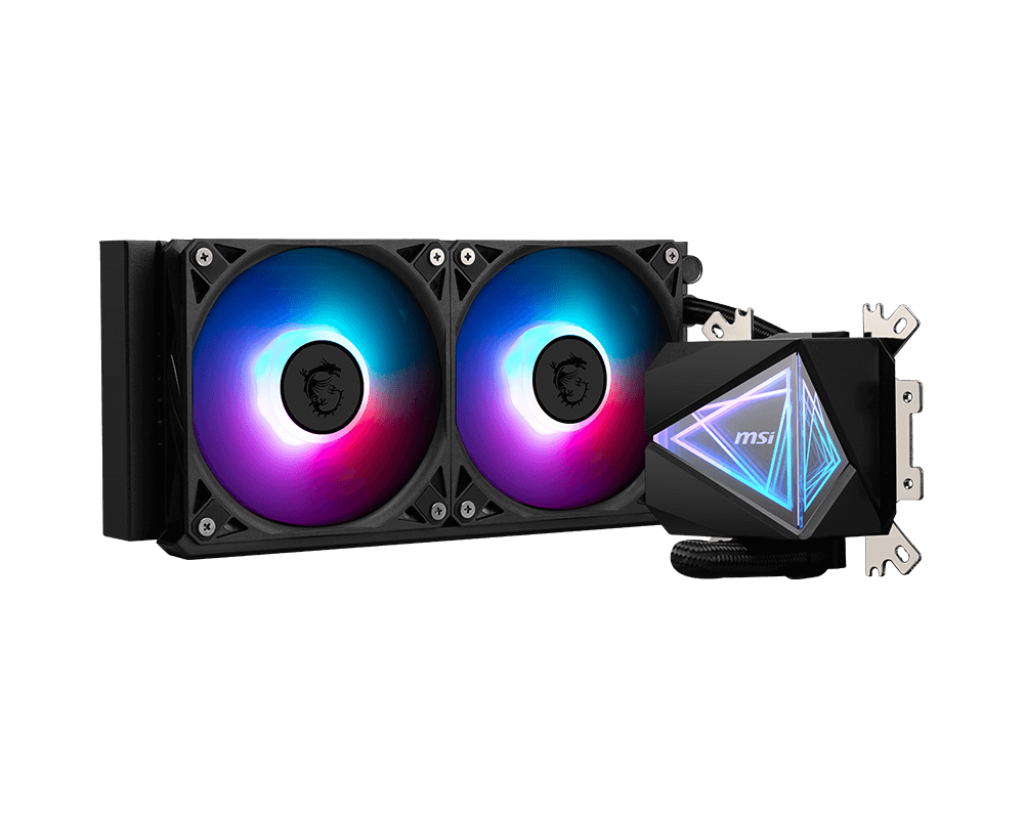 İki fanlı ve RGB aydınlatmalı merkezi üniteli MSI sıvı soğutucu.