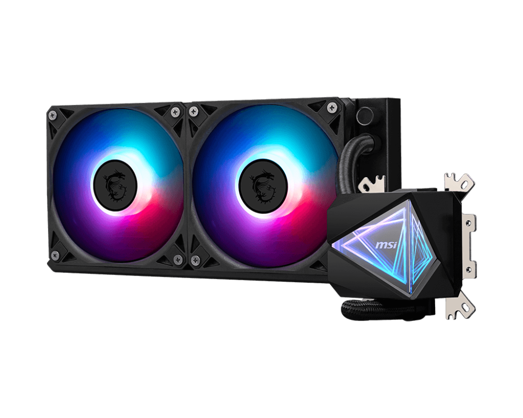RGB aydınlatmalı fanlara ve logolu siyah bir pompaya sahip MSI sıvı soğutucu.
