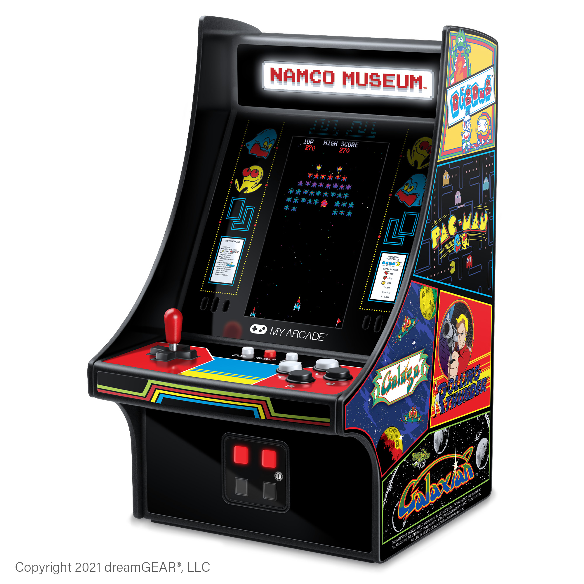 Siyah bir kabine, kırmızı bir joystick'e ve klasik Pac-Man ekranına sahip mini atari oyunu.