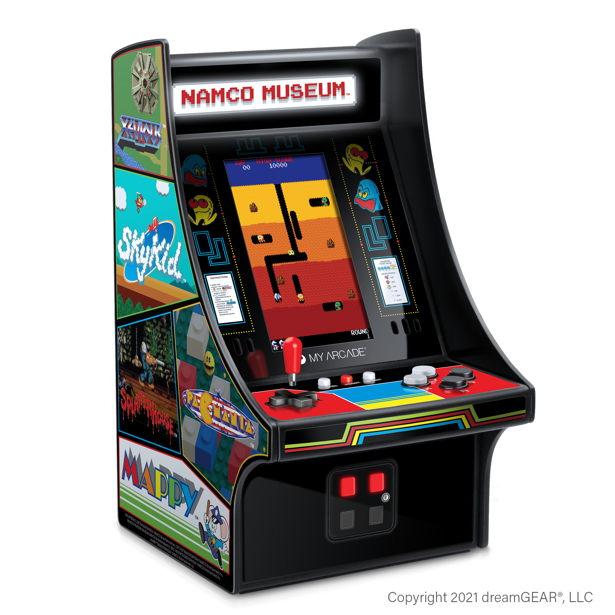 Siyah bir kabine, kırmızı bir joystick'e ve klasik Mappy ekranına sahip mini atari oyunu.