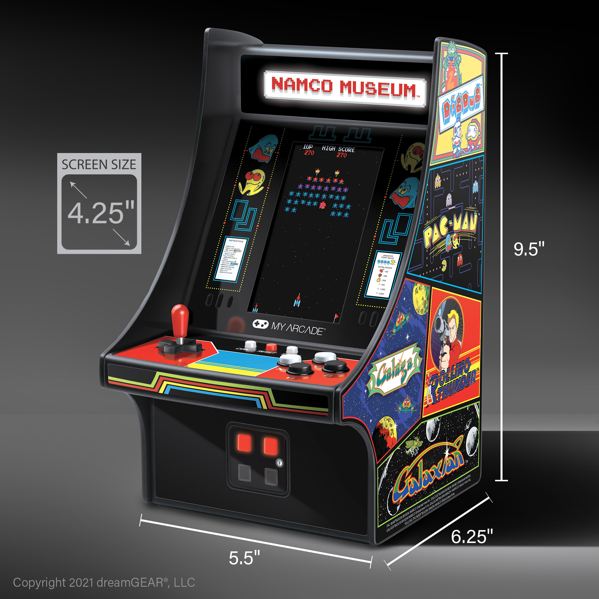 Mini atari makinesi, ölçüler belirtilmiş: 4.25 ekran boyutu, 5.5 genişlik, 6.25 derinlik, 9.5 yükseklik.