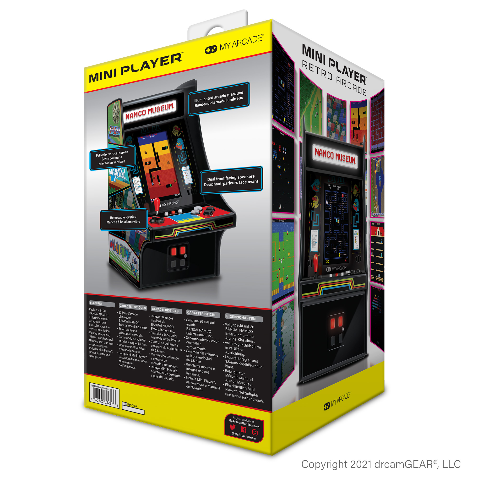 Mini atari makinesi kutusu, çoklu açılardan ve oyun detaylarını gösteriyor, siyah bir kabin ile.