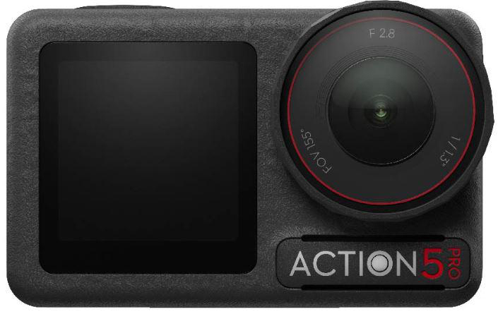 Schwarze Action-Kamera mit Objektiv und kleinem Bildschirm.