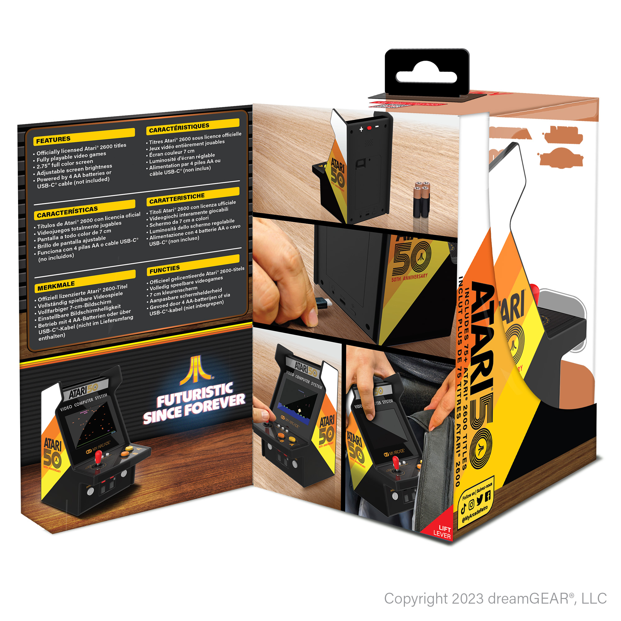 Mini atari makinesinin kutusu, makineyi ve içerdiği oyunları gösteriyor.